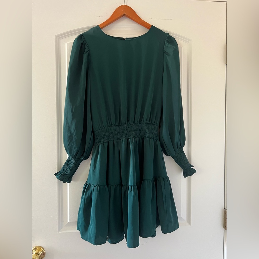 Entro Green Smocked Waist Midi Dress Long Sleeve